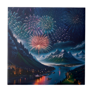 Twilight Mountain with Fireworks Ceramic Tile