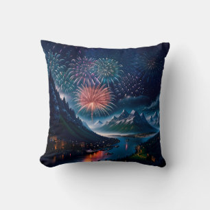 Twilight Mountain with Fireworks Cushion