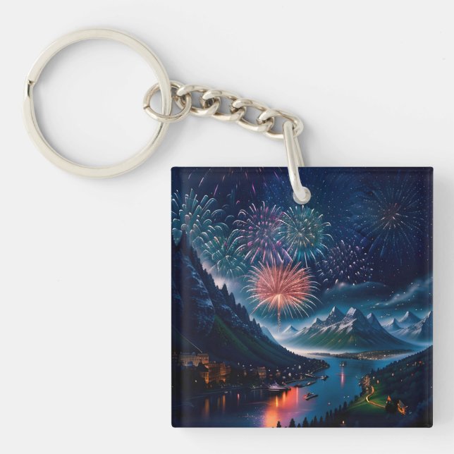 Twilight Mountain with Fireworks Key Ring (Front)