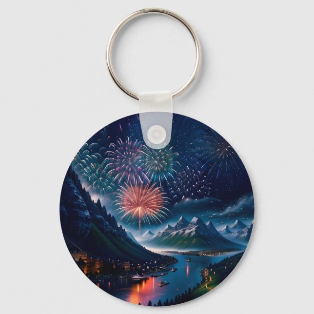 Twilight Mountain with Fireworks Key Ring (Front)