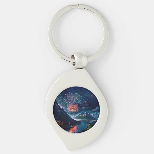 Twilight Mountain with Fireworks Key Ring (Front)