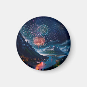 Twilight Mountain with Fireworks Magnet