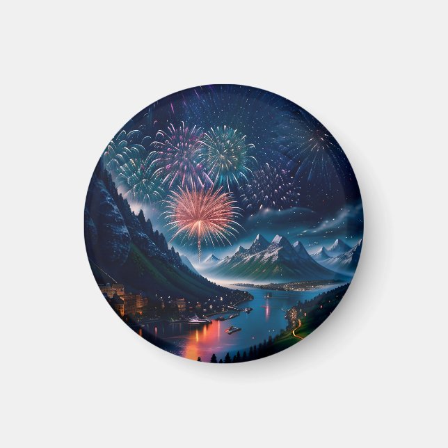 Twilight Mountain with Fireworks Magnet (Front)