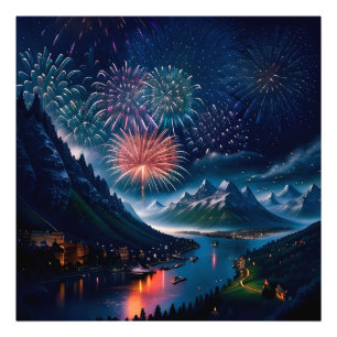 Twilight Mountain with Fireworks Photo Print