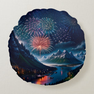 Twilight Mountain with Fireworks Round Cushion