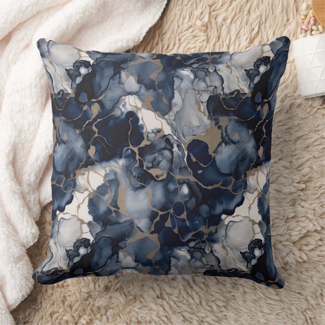 Twilight Navy Blue and Grey with Antique Gold Cushion (Blanket)