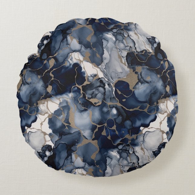 Twilight Navy Blue and Grey with Antique Gold Round Cushion (Front)