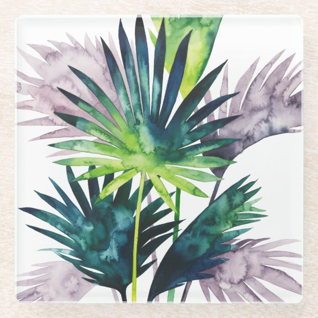 Twilight Palms- Palm Fronds Glass Coaster (Front)