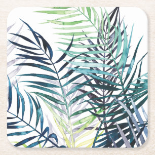 Twilight Palms - Tropical Leaves Square Paper Coaster