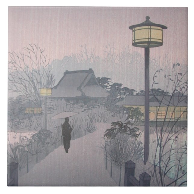 Twilight Rain on Path to Shinobazu in Japan Ceramic Tile (Front)