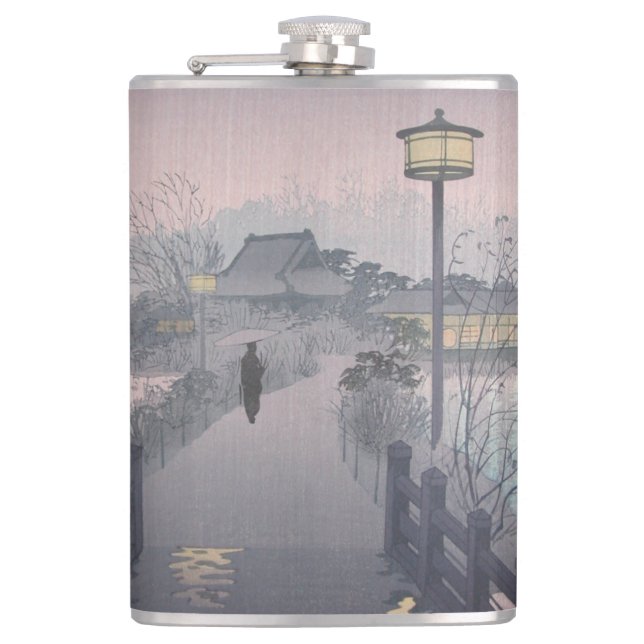 Twilight Rain on Path to Shinobazu in Japan Hip Flask (Front)