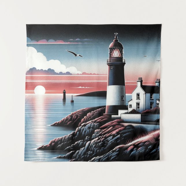 Twilight Sentinel Over Tranquil Waters Tapestry (Front)