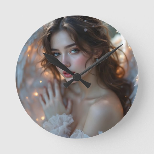 Twilight Seraph – Glowing Angel of Evening Light Round Clock (Front)