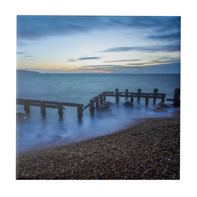 Twilight Sky Over Shoreline and Breakwaters Ceramic Tile (Front)