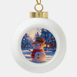 Twilight Snowman on Festive Street Ceramic Ball Christmas Ornament