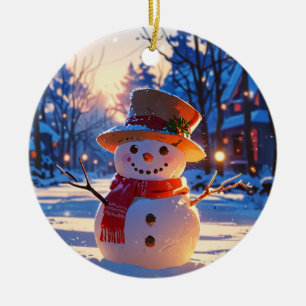 Twilight Snowman on Festive Street Ceramic Ornament