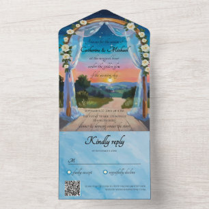 Twilight Sunset Wedding Arch Tropical Beach Summer All In One Invitation
