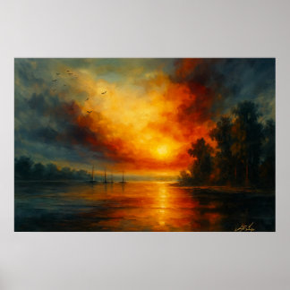 Twilight Voyage Fiery Sunset and Calm Lake Poster