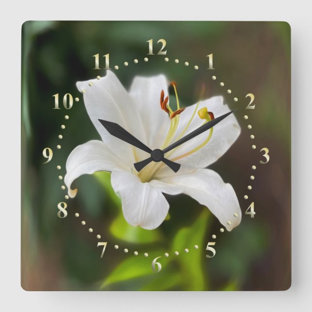 Twilight white lily square wall clock (Front)