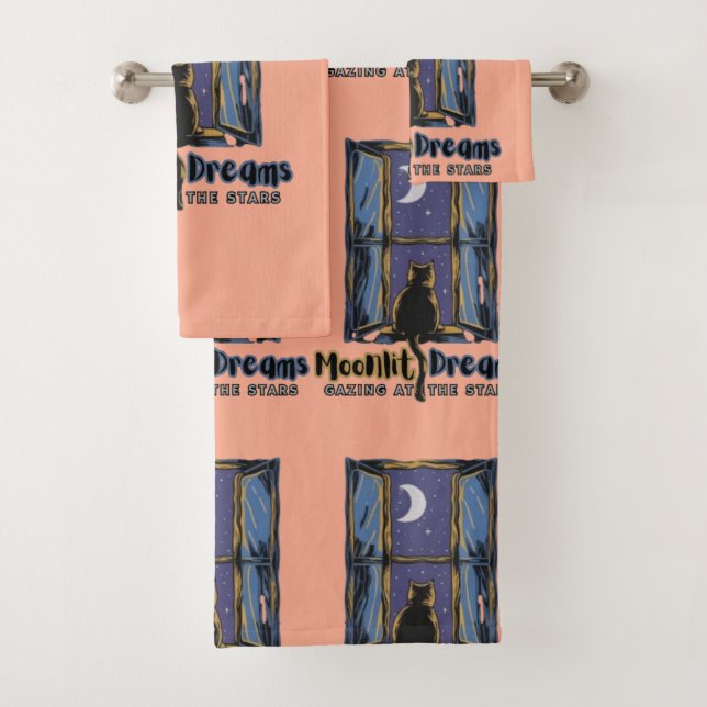Twilight Wonder: Black Cat Under the Crescent Moon Bath Towel Set (Insitu)