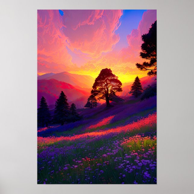 Twilight's Palette, Hill with Blooming Flowers Poster (Front)
