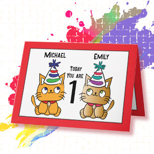 Twin 1st Birthday Cute Cartoon Cats Personalised  Card