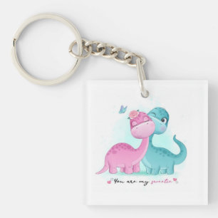 Twin Aqua and Pink Dinosaur   Key Ring