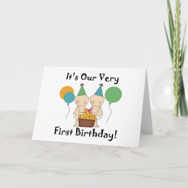 Twin Babies 1st Birthday Tshirts and Gifts Card (Front)