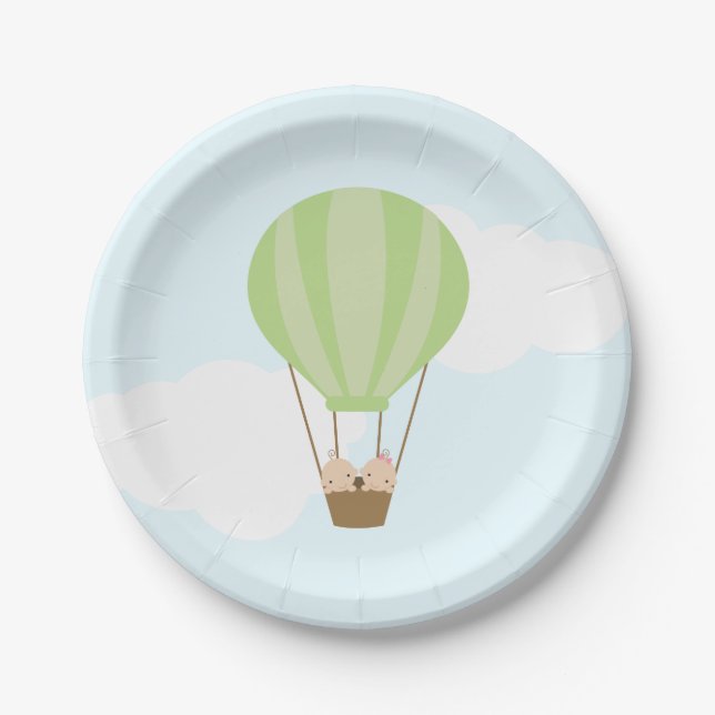 Twin Babies in Hot Air Balloon Baby Shower Paper Plate (Front)