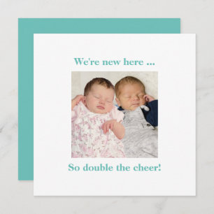 Twin Babies Teal Photo Contemporary Birth Announce
