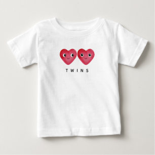 Twin Babies Two Watercolour Red Hearts Smiling Baby T-Shirt