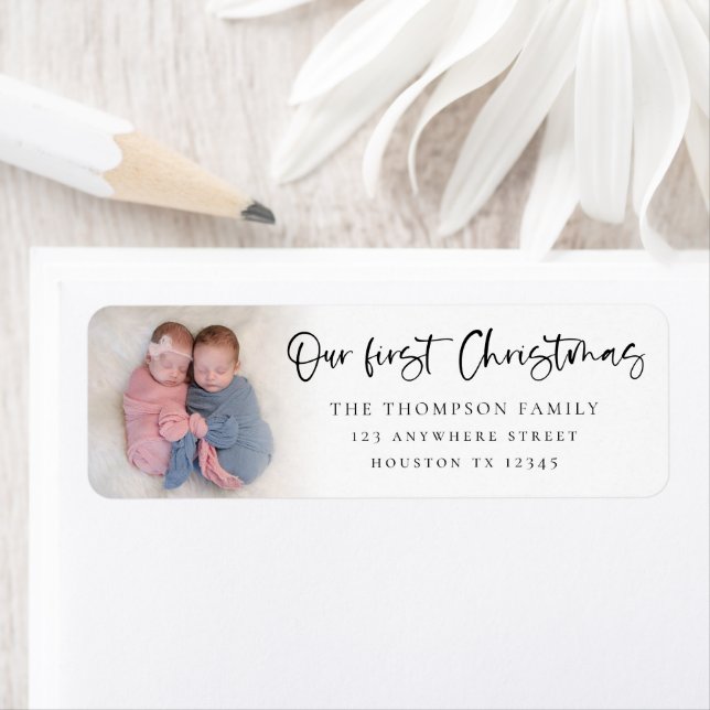 Twin Baby 1st Christmas Photo Name Return Address Label (Insitu)