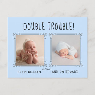 Twin baby birth announcement card, twice the love postcard