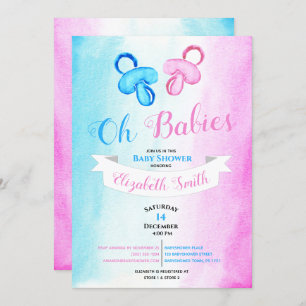 Twin baby boy and girl water color baby shower invitation