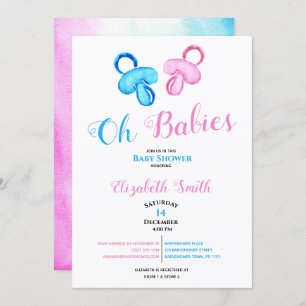Twin baby boy and girl water colour baby shower in invitation