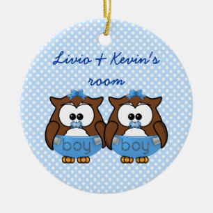twin baby boy owl ceramic tree decoration