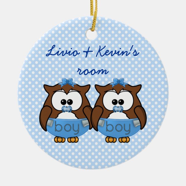 twin baby boy owl ceramic tree decoration (Front)