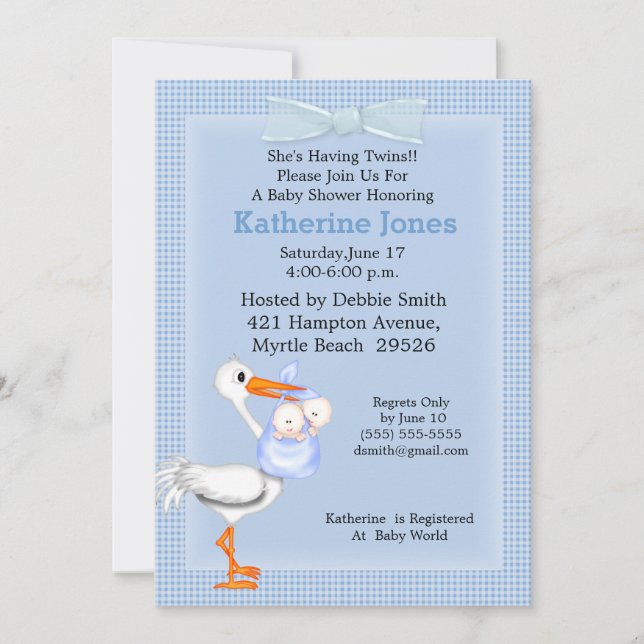 Twin Baby Boy Shower Invitation(Stork) Invitation (Front)