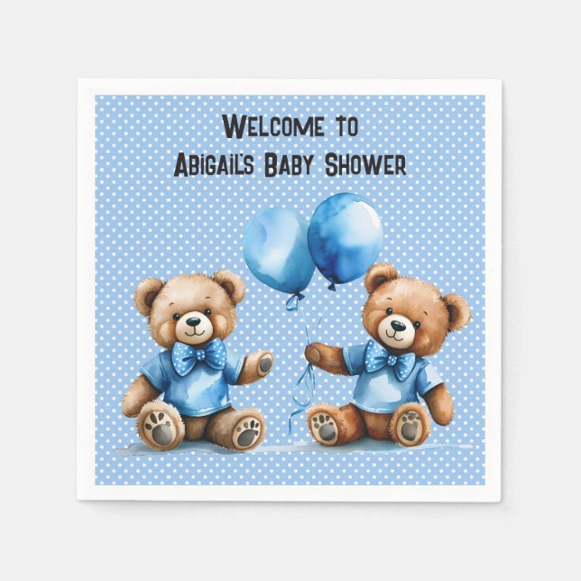 Twin Baby Boy Shower With Teddy Bears Napkin (Front)