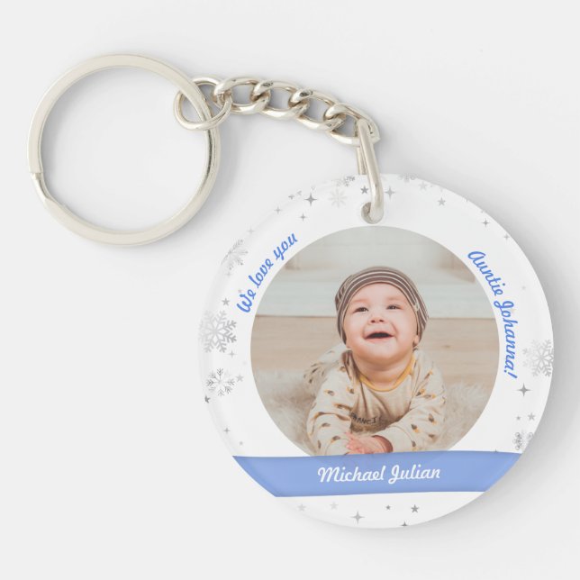 Twin Baby Boys 2 Photos Names Aunt Snow Xmas Key Ring (Front)