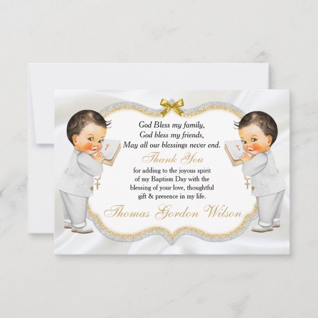 Twin Baby Boys Baptism Gold Cross Thank You (Front)