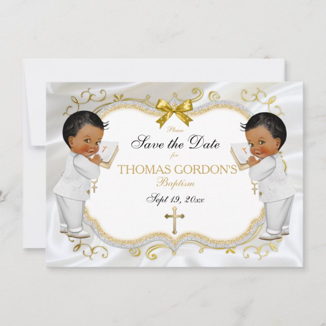 Twin Baby Boys Baptism Save Date White Gold Cross Save The Date (Front)