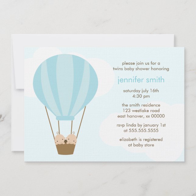 Twin Baby Boys in a Balloon Invitation (Front)