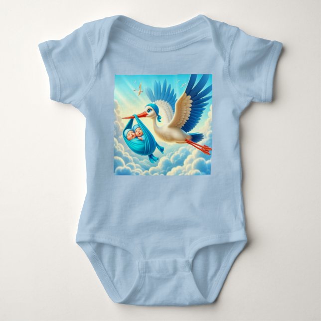 Twin Baby Boys With Stork Baby Shower Baby Bodysuit (Front)