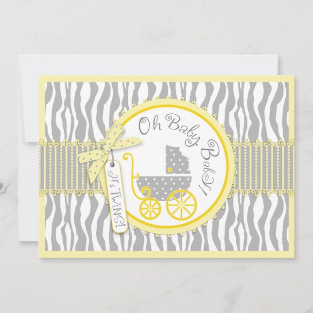 TWIN Baby Carriage, Zebra Print Yellow Baby Shower Invitation (Front)