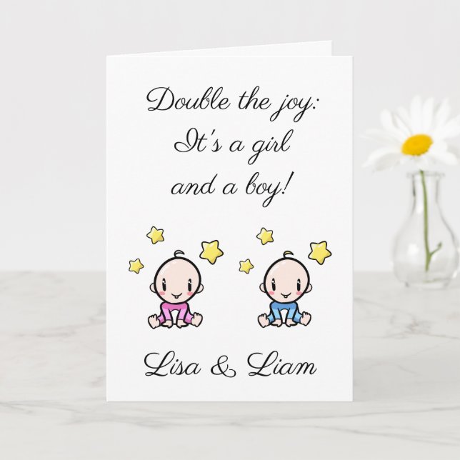 Twin Baby Congratulations, Custom Girl & Boy  Card (Small Plant)
