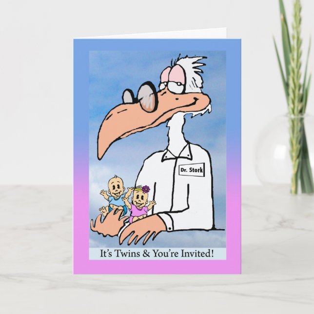 Twin Baby Girl and Boy Shower Invite, Dr. Stork Invitation (Front)