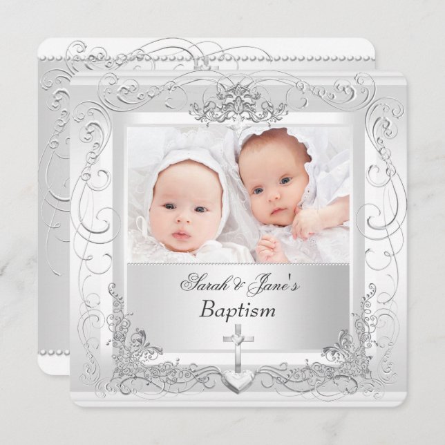Twin Baby Girl Boy Christening Baptism White 2a Invitation (Front/Back)