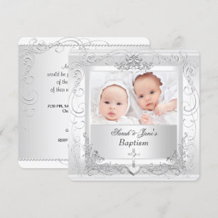 Twin Baby Girl Boy Christening Baptism White 2a Invitation