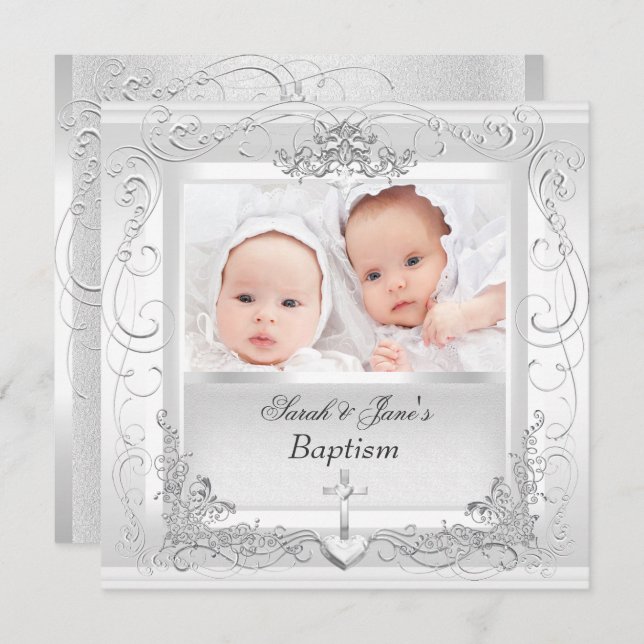 Twin Baby Girl Boy Christening Baptism White Invitation (Front/Back)